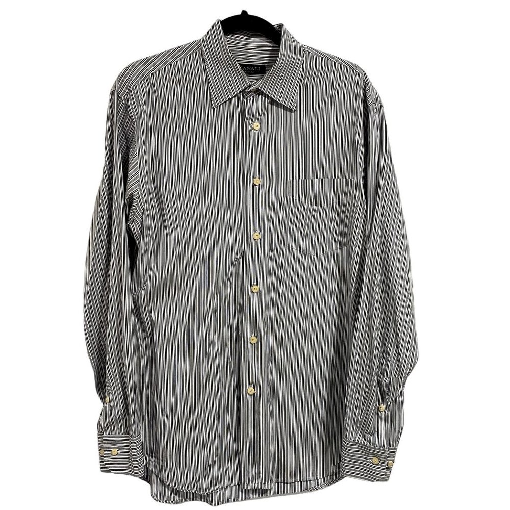 Canali Men's Blue‎ White Gray Striped Dress Shirt Size M